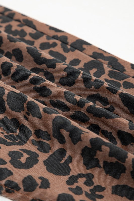 Leopard Denim Frayed Hem Midi Skirt