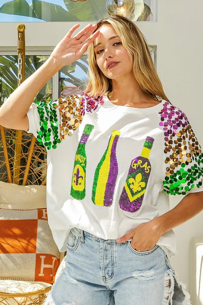 BiBi Sequin Mardi Gras Bottles Spangled Sleeve Top