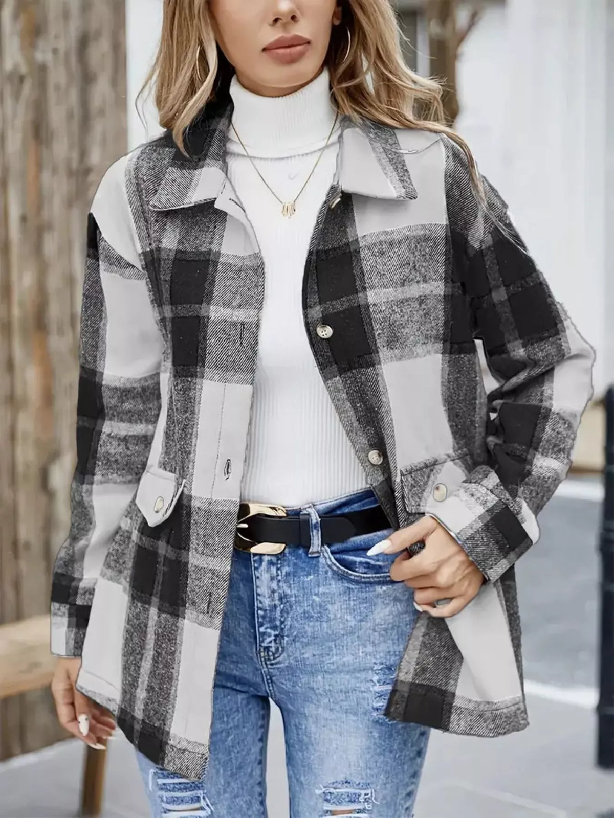Plaid Button-Up Long Sleeve Shacket