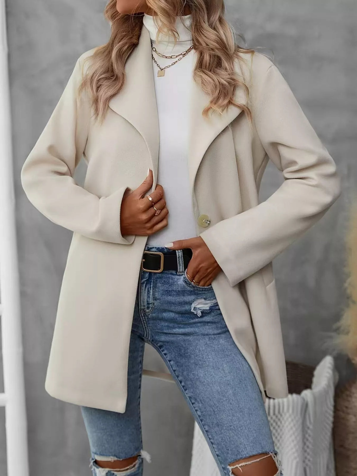 Lapel Collar Single-Button Wool Blend Overcoat