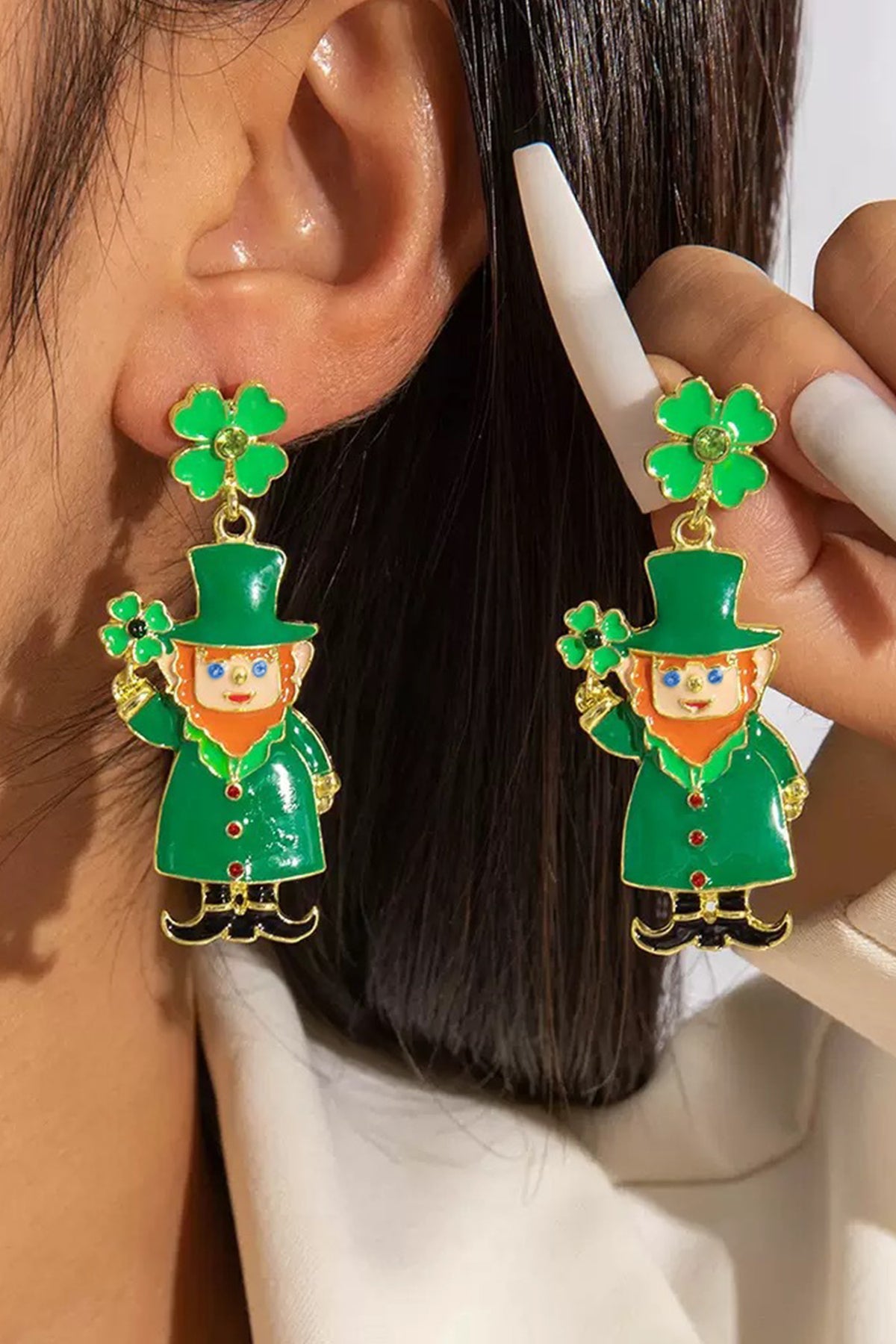 Dark Green St Patricks Day Enameled Leprechaun Drop Earrings