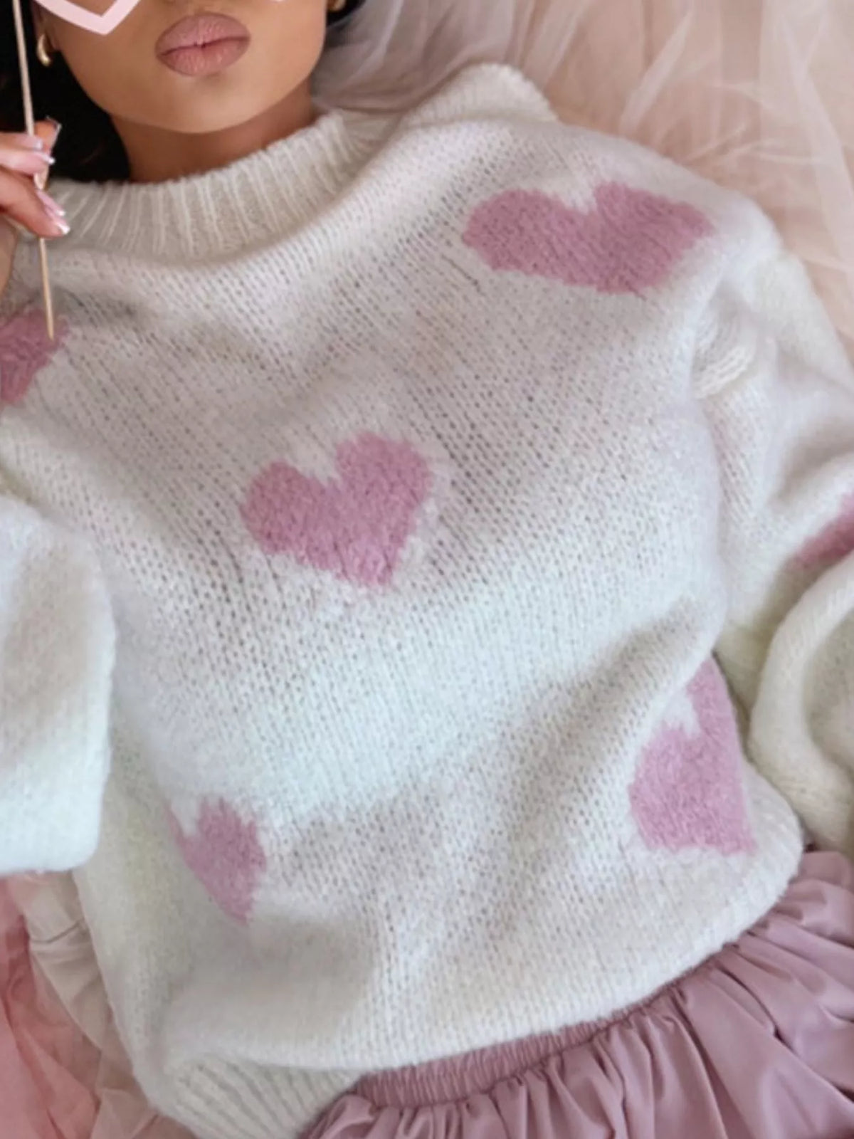 Heart Round Neck Knitted Sweater