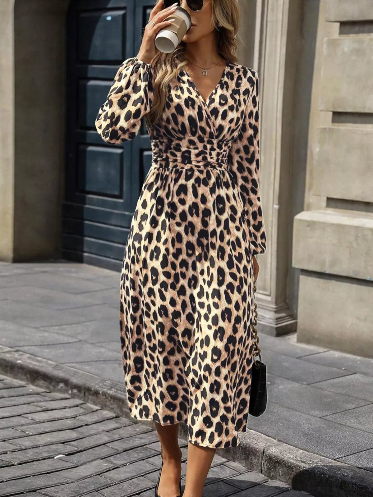 Leopard Print Wrap Midi Dress