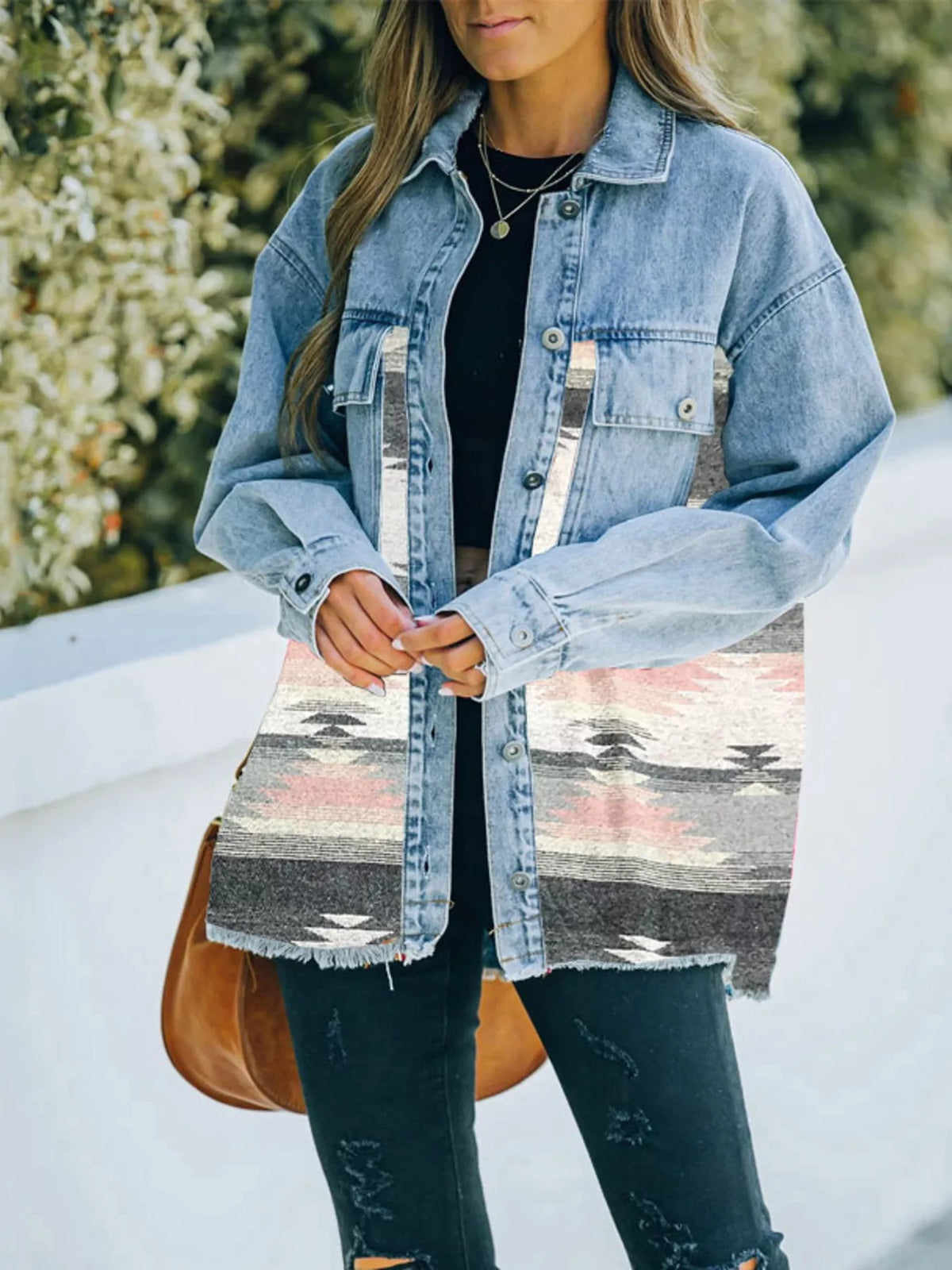 Printed Botton Down Long Sleeve Denim Jacket