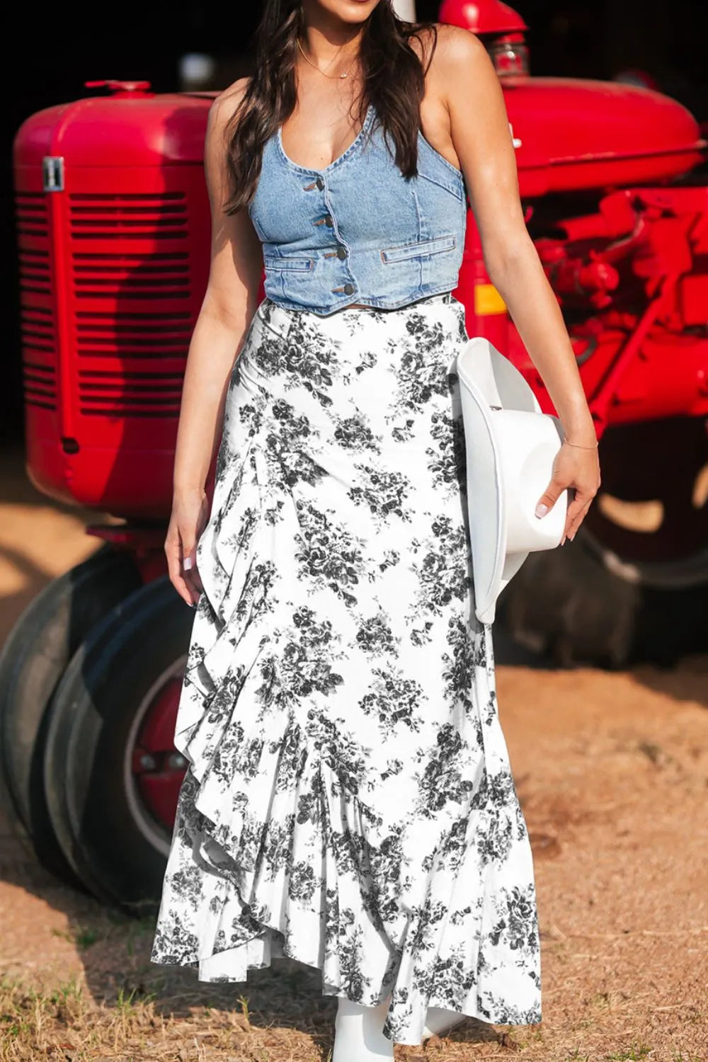 Boho Floral High Waist Ruffle Split Maxi Skirt