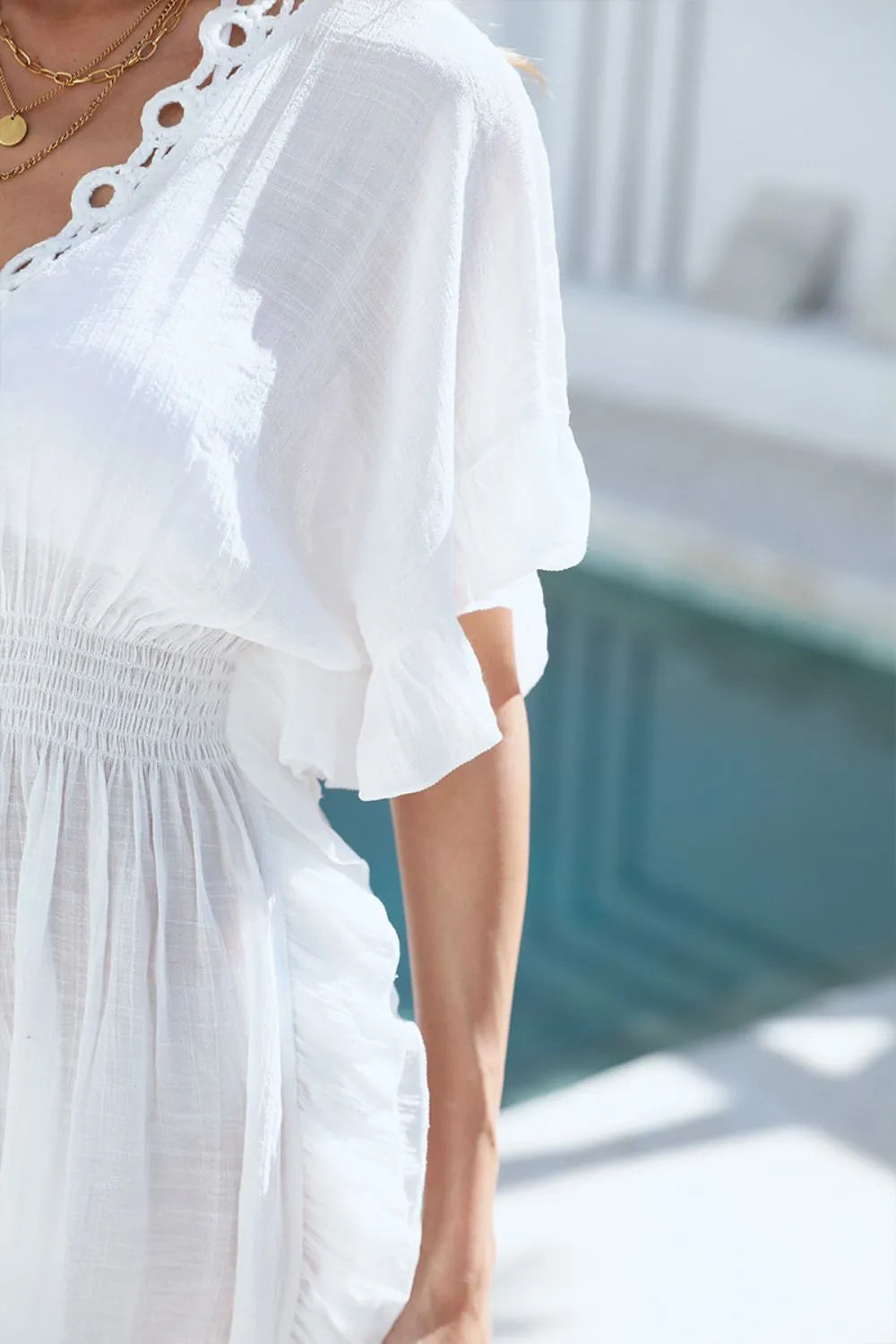 Ruffled Smocked Waist V-Neck Cover-Up