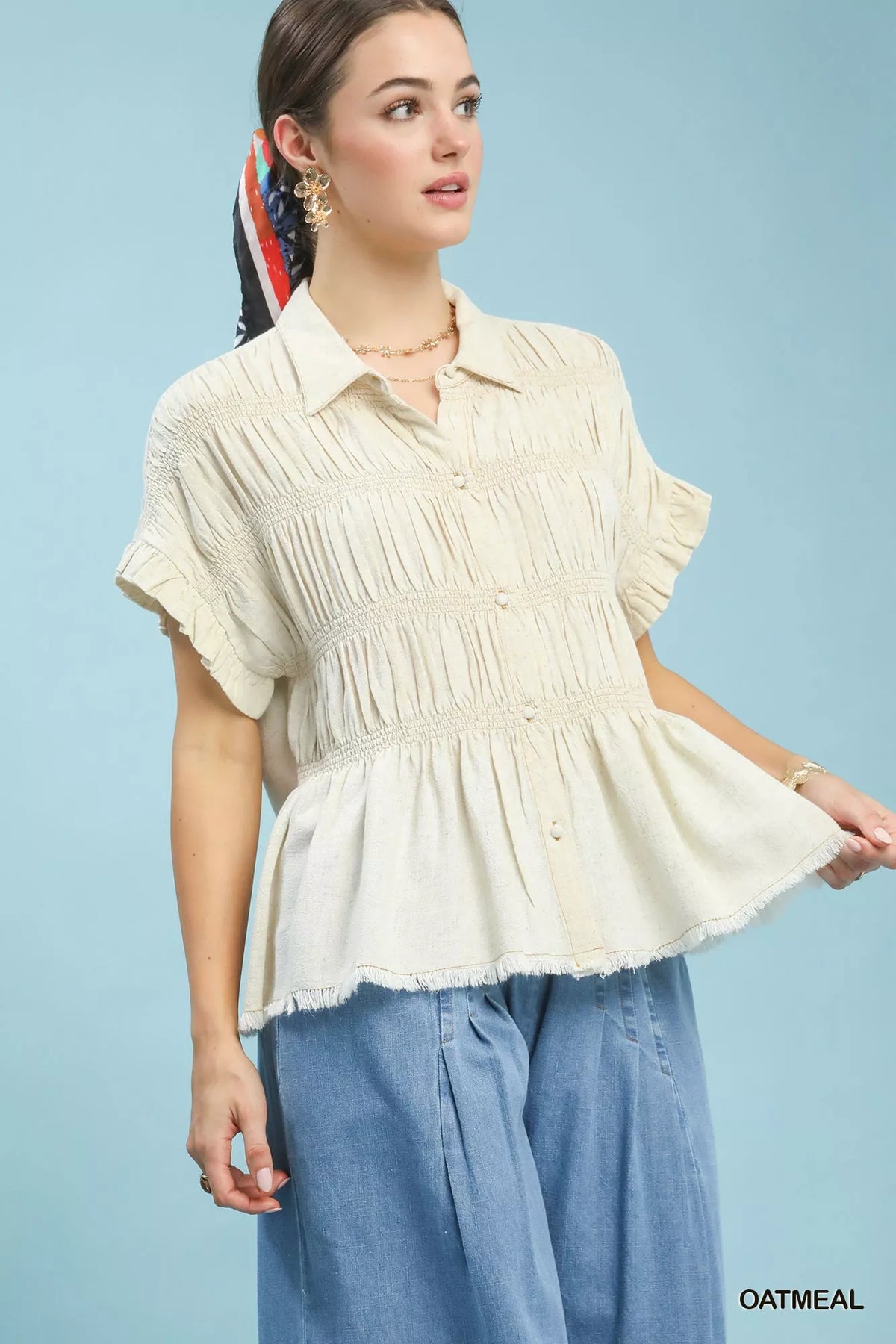 Umgee Washed Linen Blend Smocked Shirt