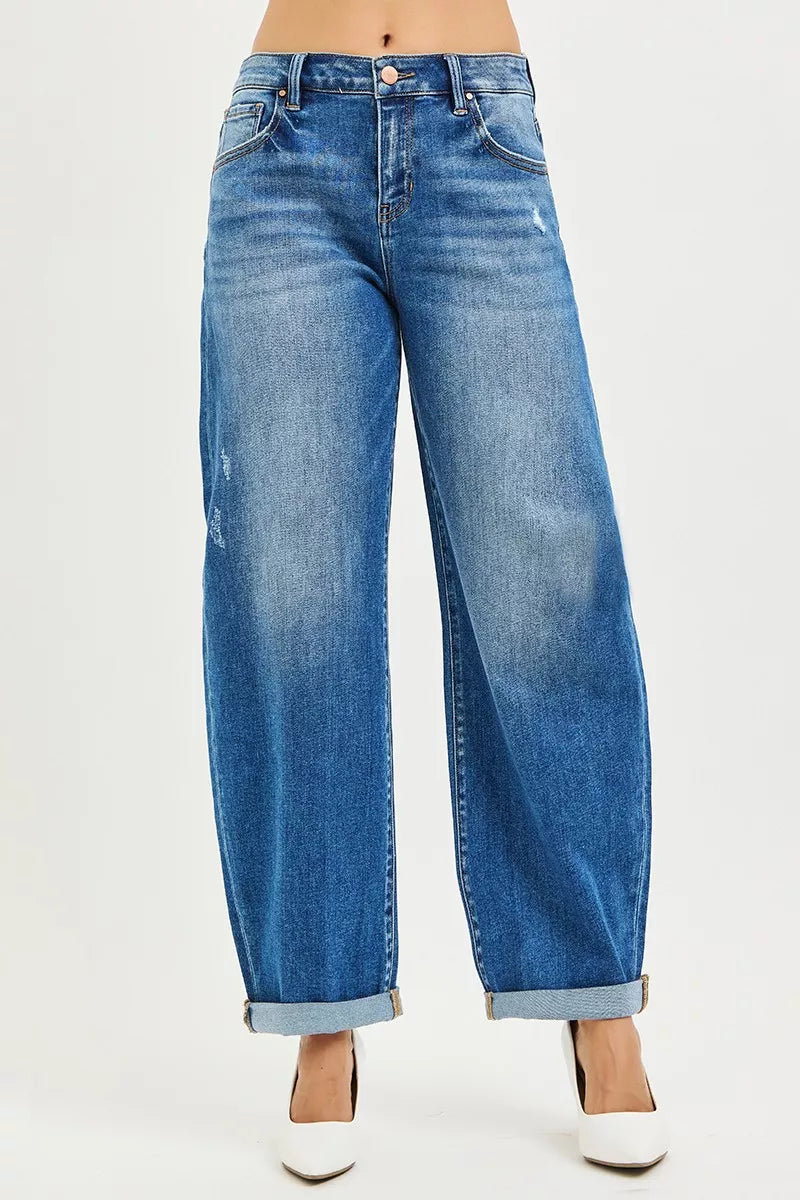 RISEN Full Size Mid Rise Barrel Double Roll Up Jeans Plus Size