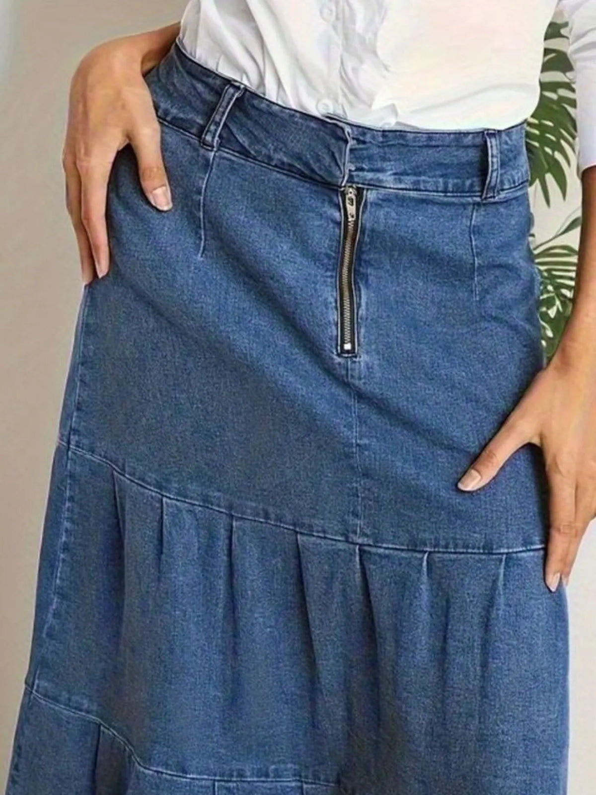 Tiered Maxi Denim Skirt with Zipper Detail