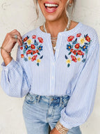 Stripe Floral Embroidered Billowy Sleeve Tunic Baggy Shirt