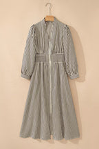 Stripe V Neck Zip Front Cinched High Waist Midi Dress