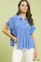 Umgee Washed Linen Blend Smocked Shirt