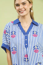 Umgee Stripe Embroidered Button-Front Boho Blouse