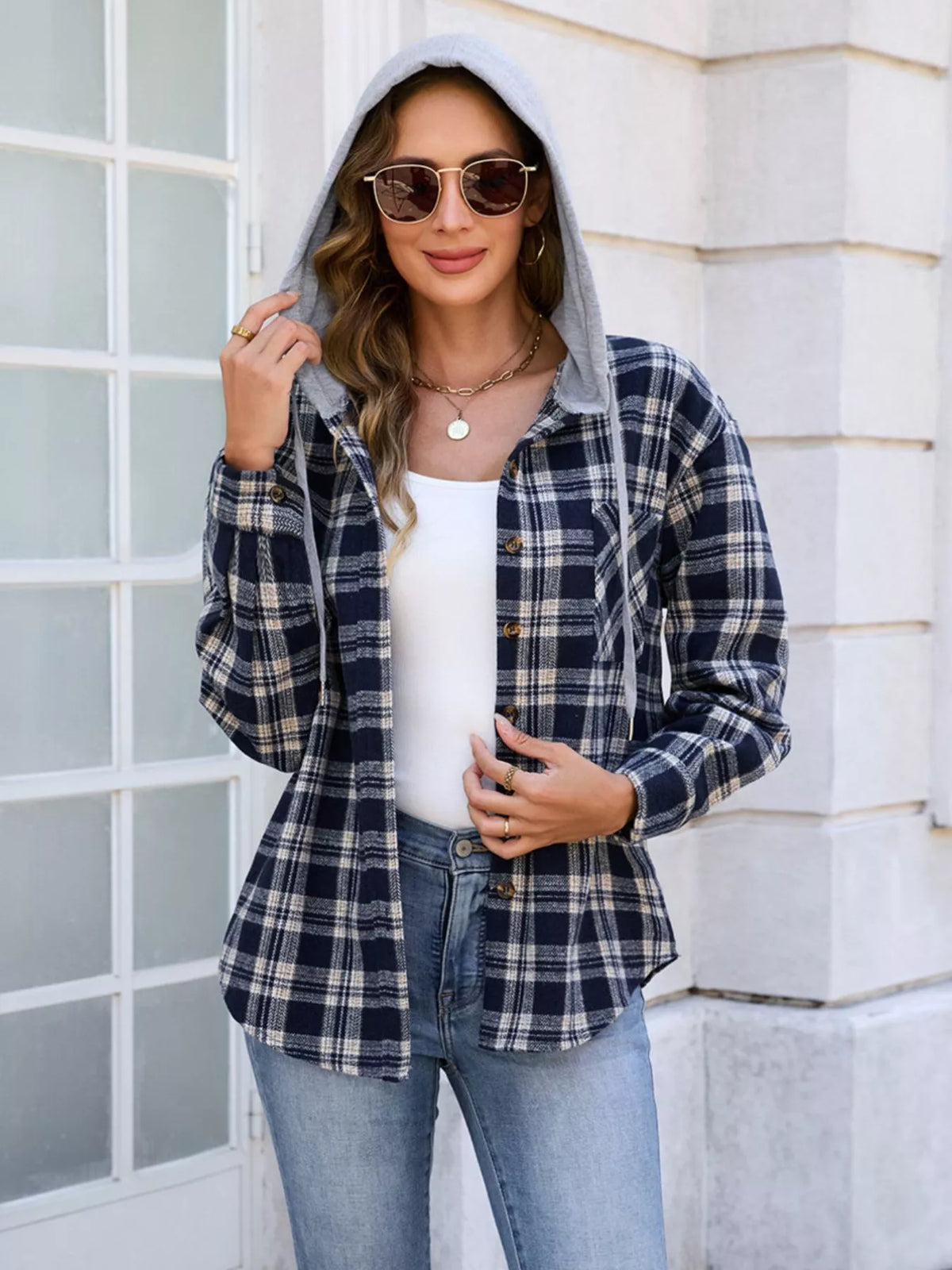Hooded Plaid Button-Up Shacket