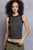 POL Round Neck Cropped Tank with Lace Trim