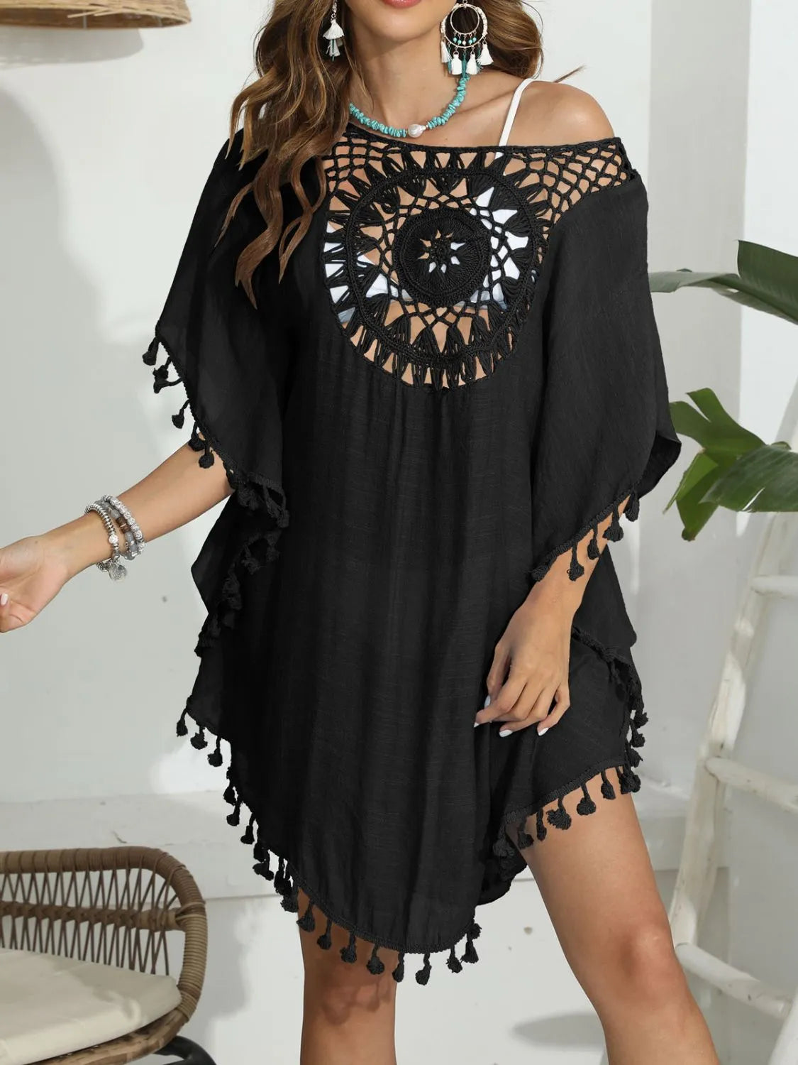 Tassel Crochet Round Neck Cover-Up