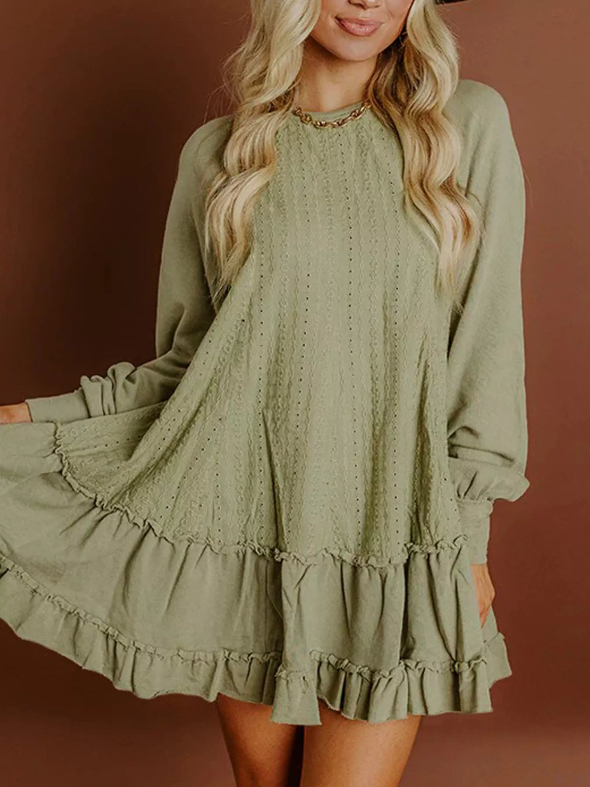 Frill Round Neck Long Sleeve Mini Dress