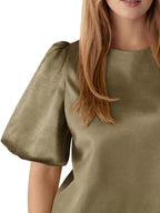 Round Neck Puff Sleeve Satin Top