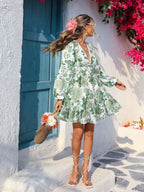 Full Size Floral Print V-Neck Long Sleeve Ruffle Hem Mini Dress Plus Size