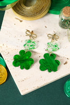 Green Double Clover Dangle Pendant Bow Stud Earrings