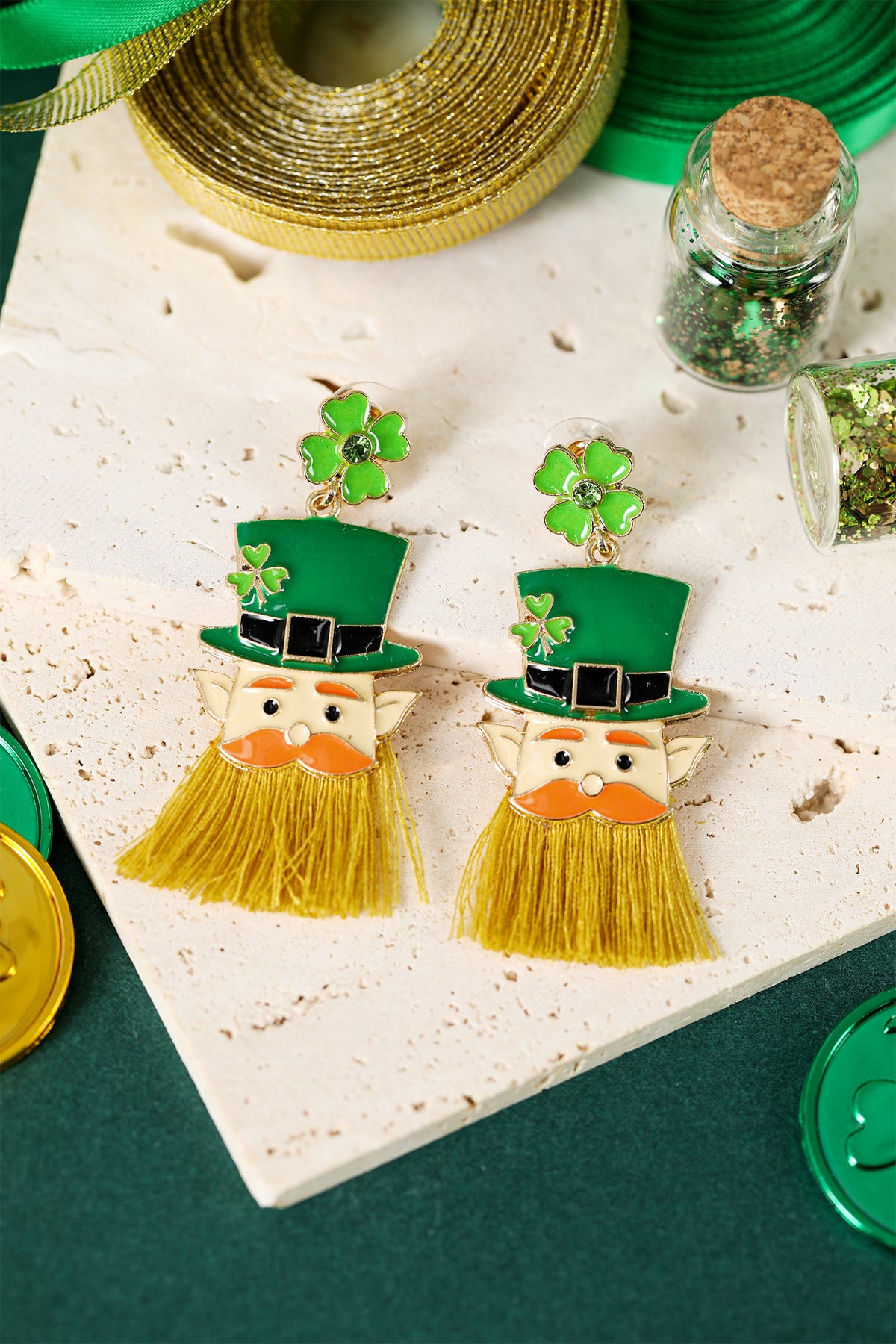 Green St Patricks Day Clover Leprechaun Tassel Drop Earrings