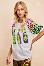 BiBi Sequin Mardi Gras Bottles Spangled Sleeve Top