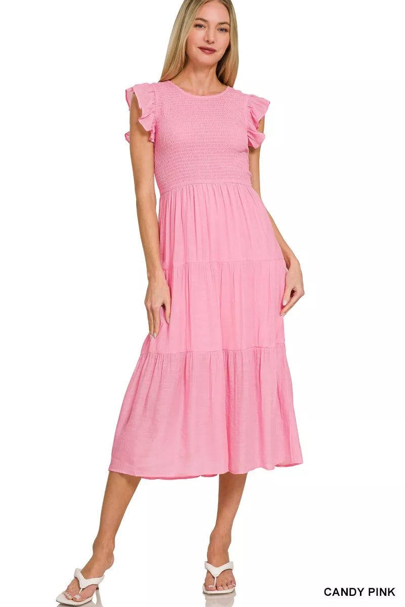 Zenana Woven Smocked Ruffle Sleeve Midi Dress