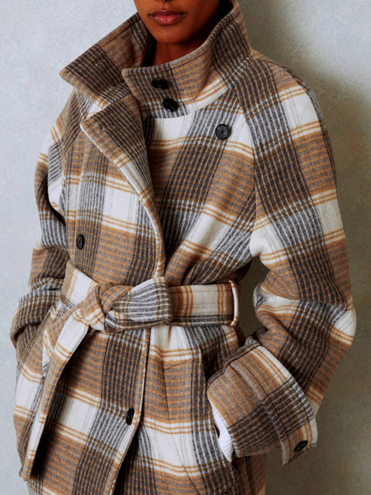 Plaid Tie Waist Double-Breasted Coat