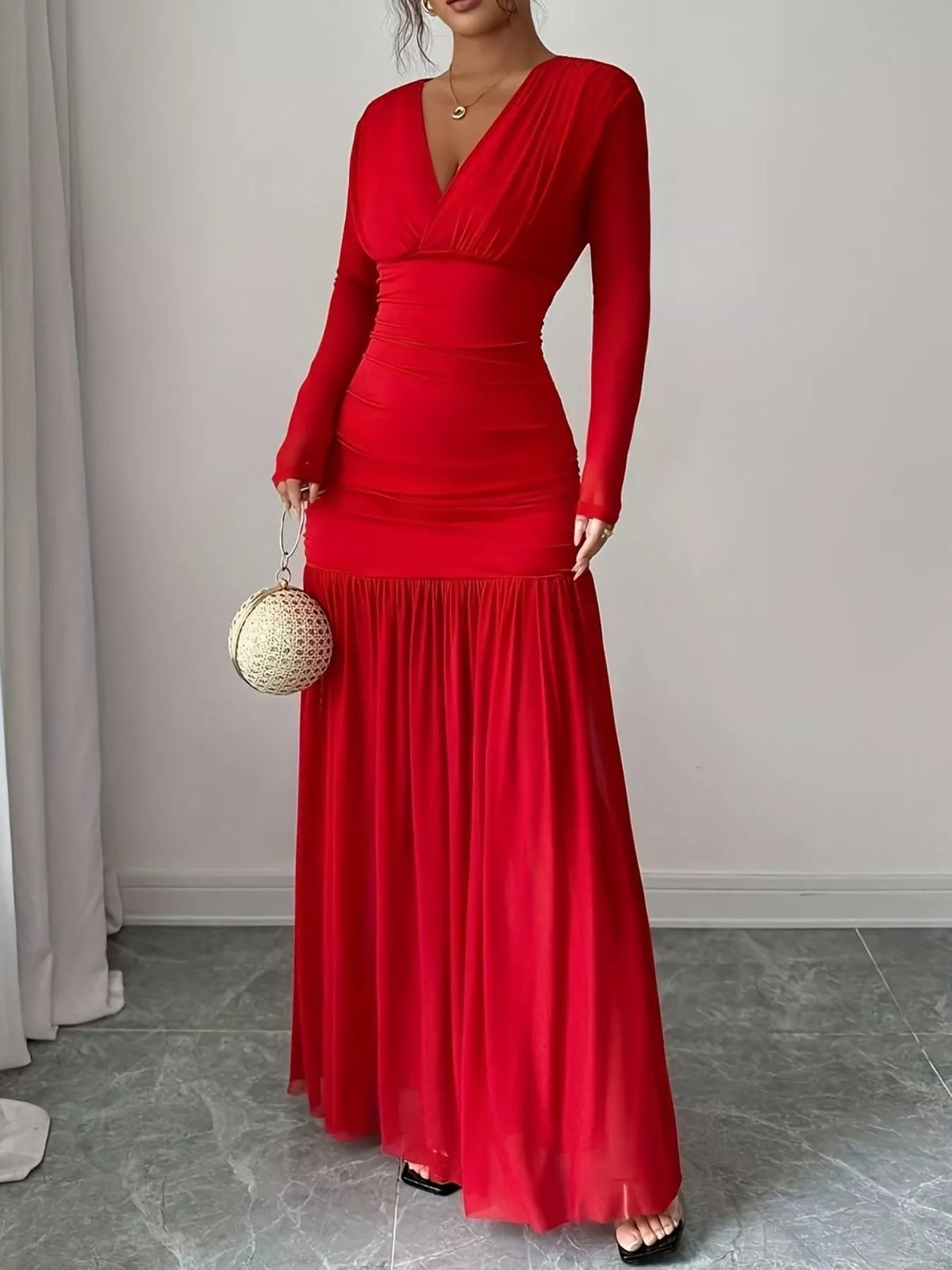 Ruched Surplice Long Sleeve Maxi Dress