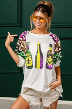 BiBi Sequin Mardi Gras Bottles Spangled Sleeve Top