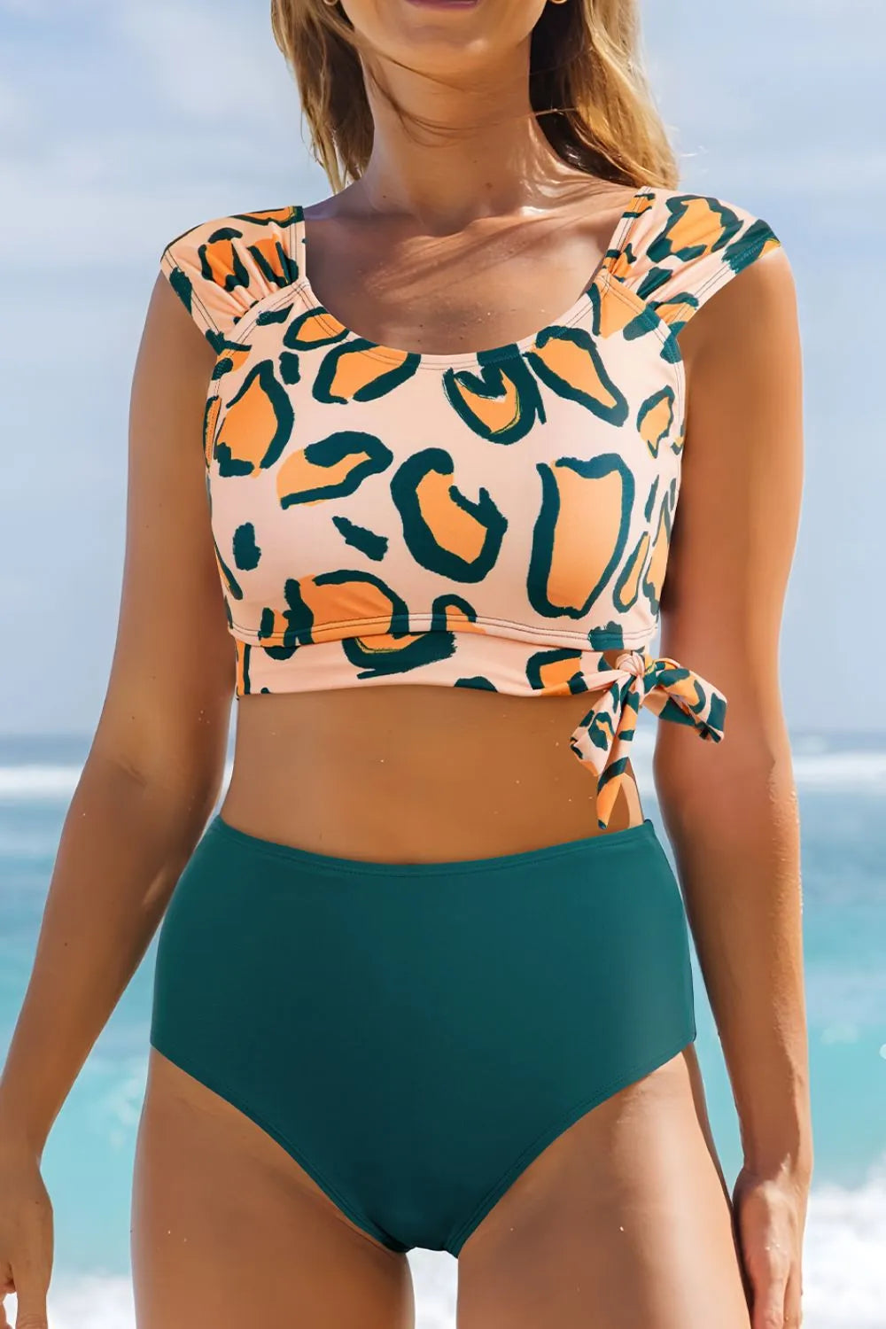Leopard Print U Neck Knotted High Waist Bikini Set