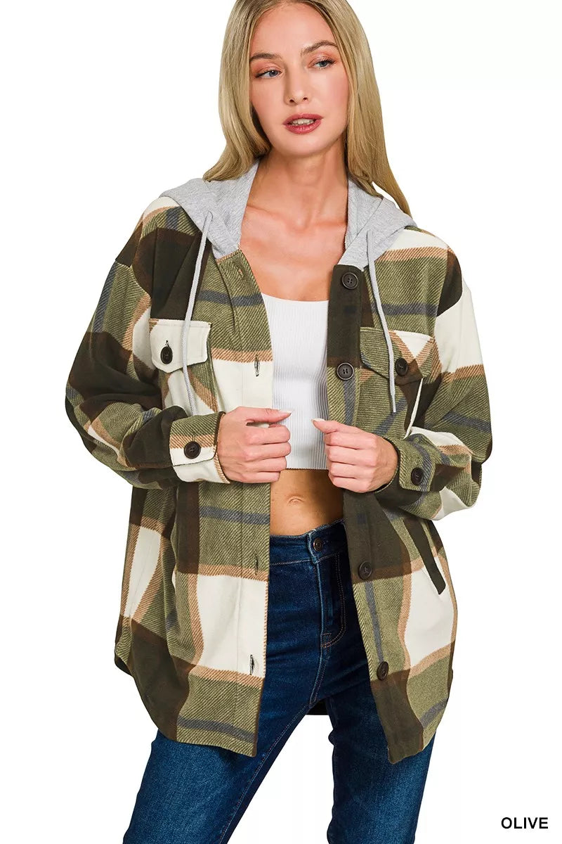 Zenana Plaid Drawstring Hooded Fleece Shacket