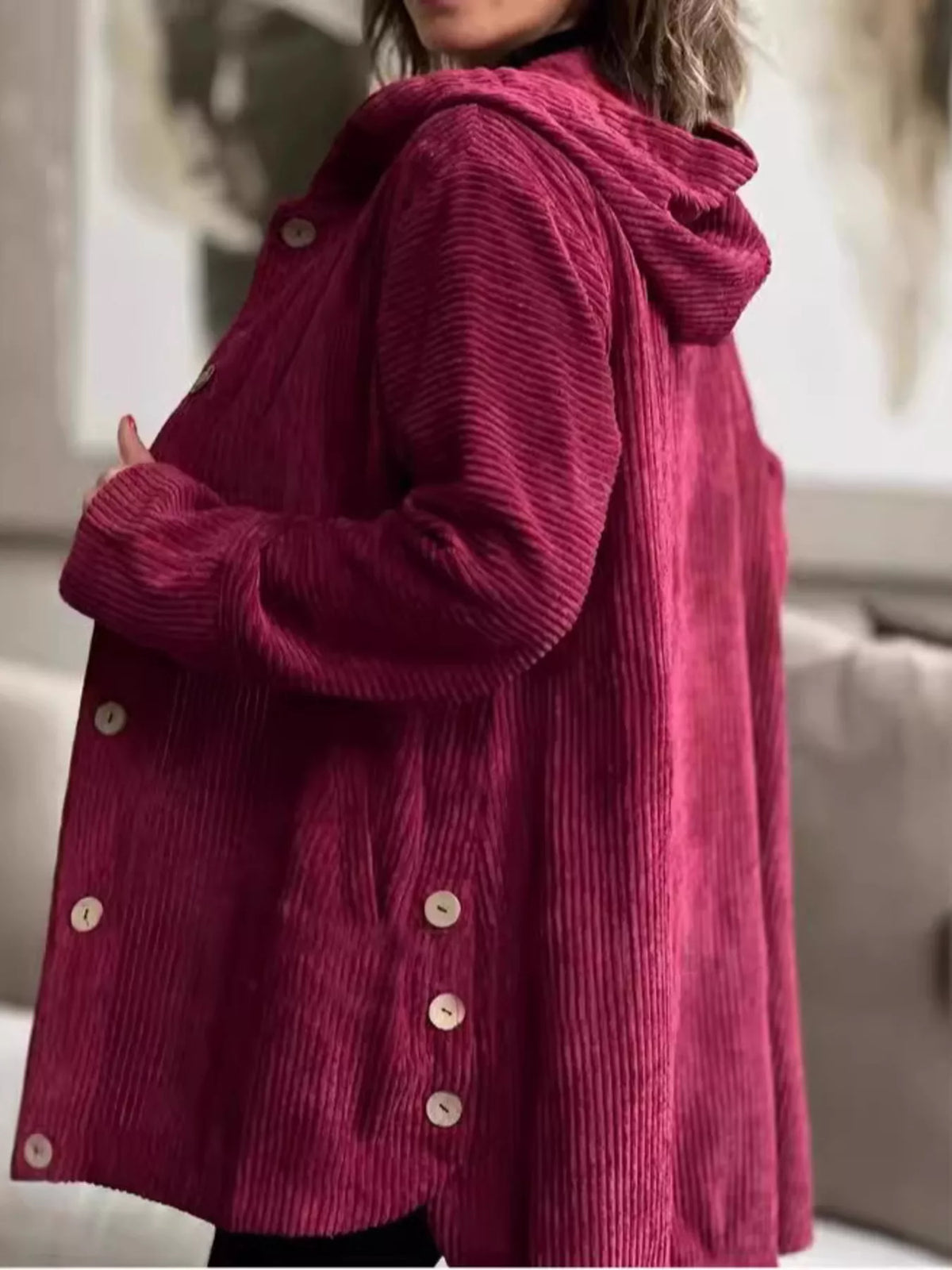 Full Size Corduroy Button Up Hooded Jacket Plus Size