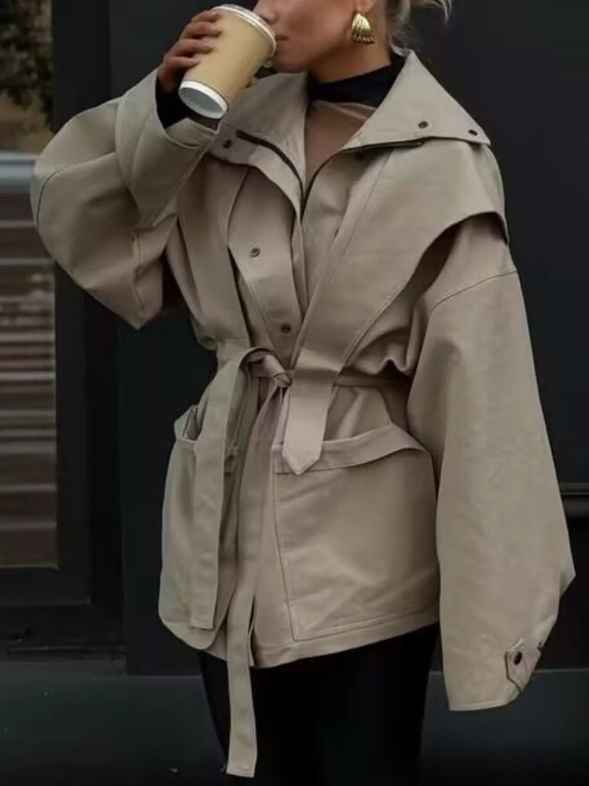 Tie Waist Snap Down Trench Coat