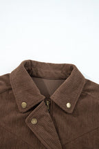 Solid Corduroy Lapel Collar Zip-Up Buttoned Jacket
