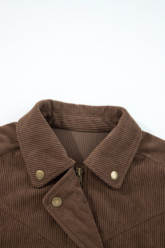 Solid Corduroy Lapel Collar Zip-Up Buttoned Jacket