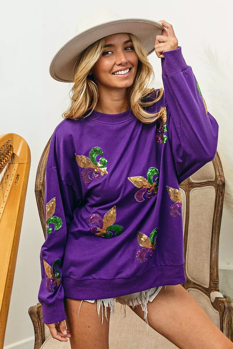 BiBi Fleur De Lis Sequin Patches Mardi Gras Sweatshirt