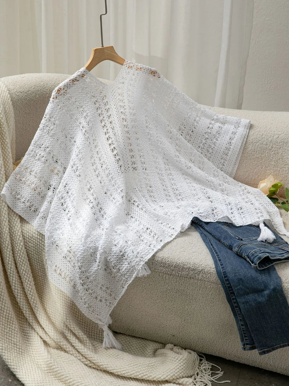 Openwork Tassel Open Front Knit Cover Up