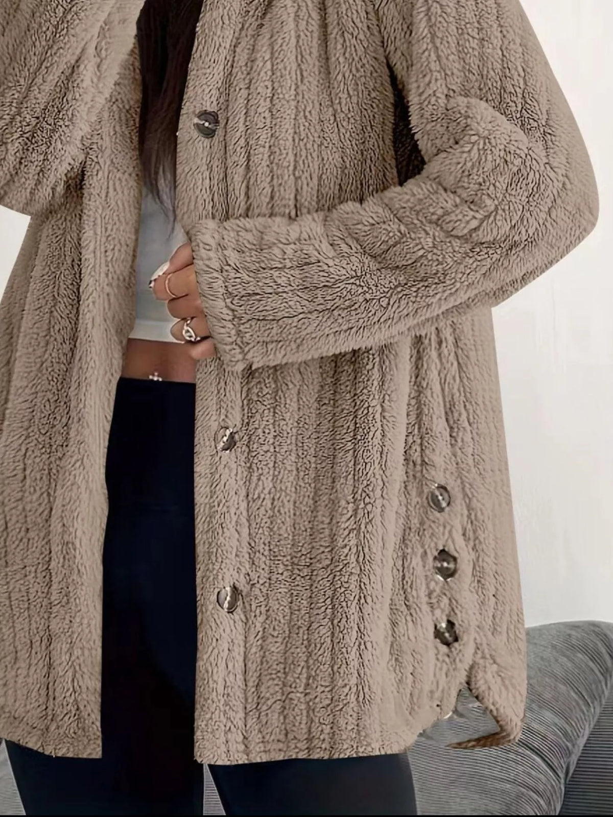 Full Size Fleece Button Up Hooded Outerwear Plus Size