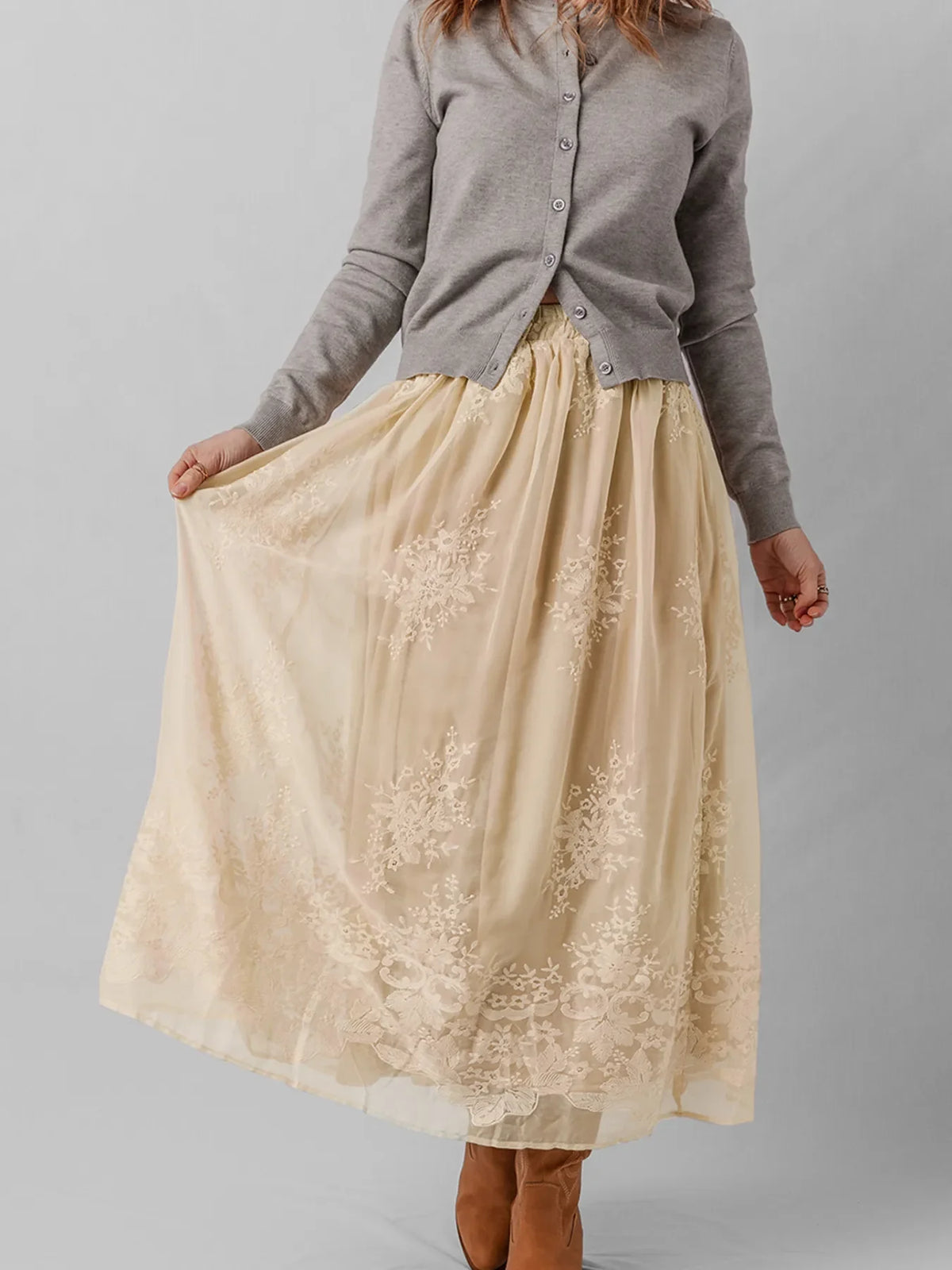 Embroidered Mesh Overlay Flowy Midi Skirt