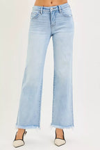 RISEN Tummy Control Mid Rise Ankle Straight Fray Hem Jeans