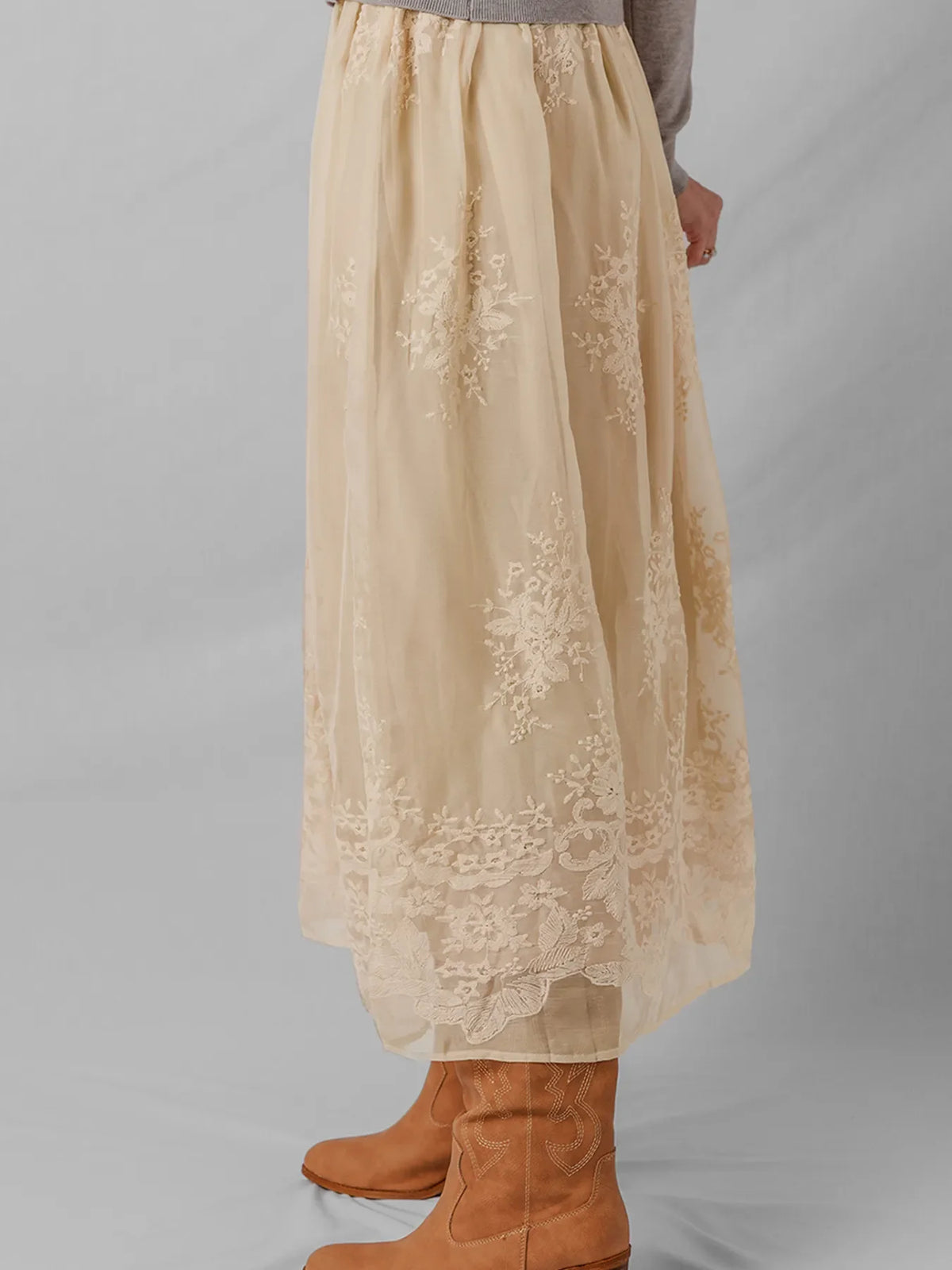 Embroidered Mesh Overlay Flowy Midi Skirt