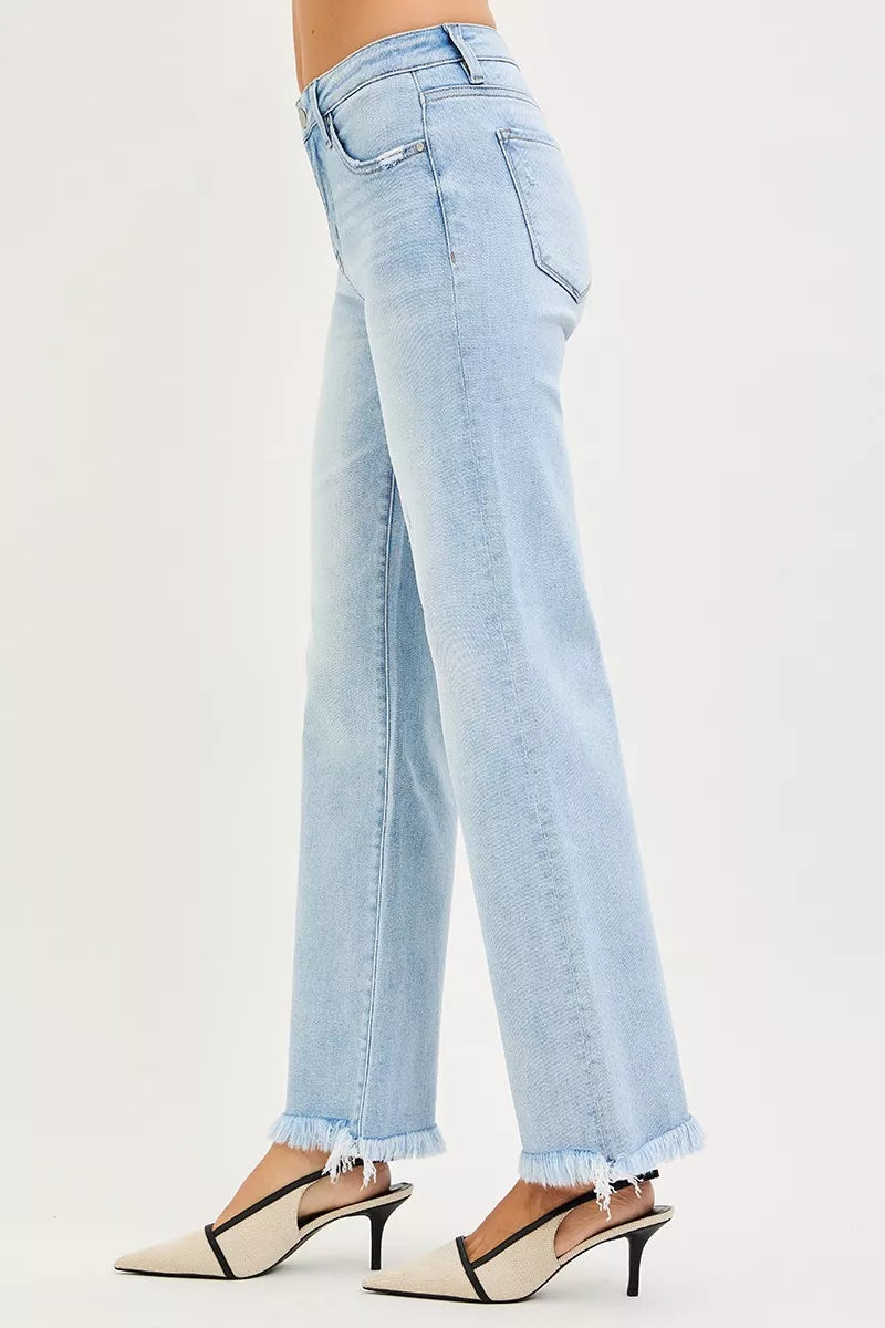 RISEN Tummy Control Mid Rise Ankle Straight Fray Hem Jeans