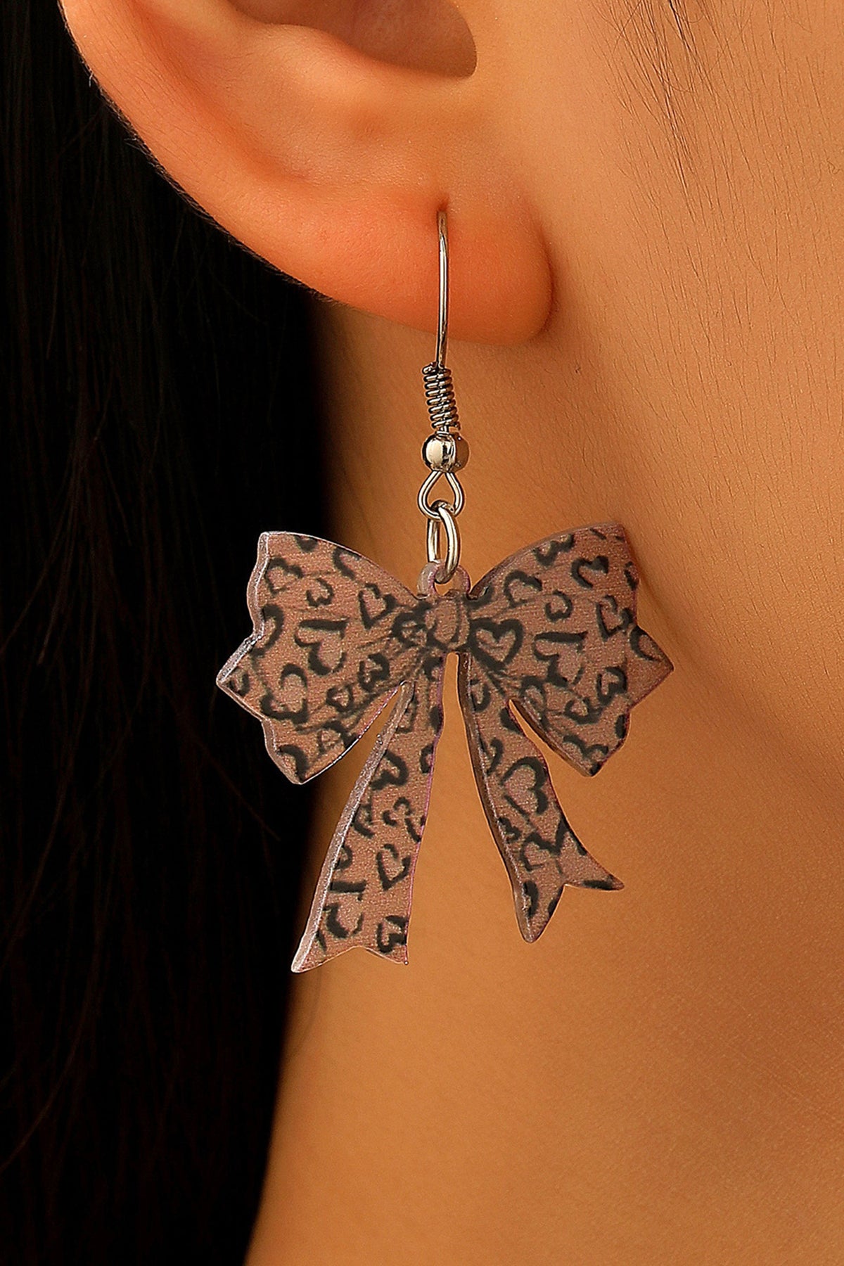Cinnamon Stylish Leopard Printed Bow Stainless Hook Earrings