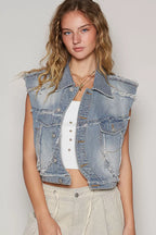POL Assymetrical Front Closure Raw Hem Denim Vest