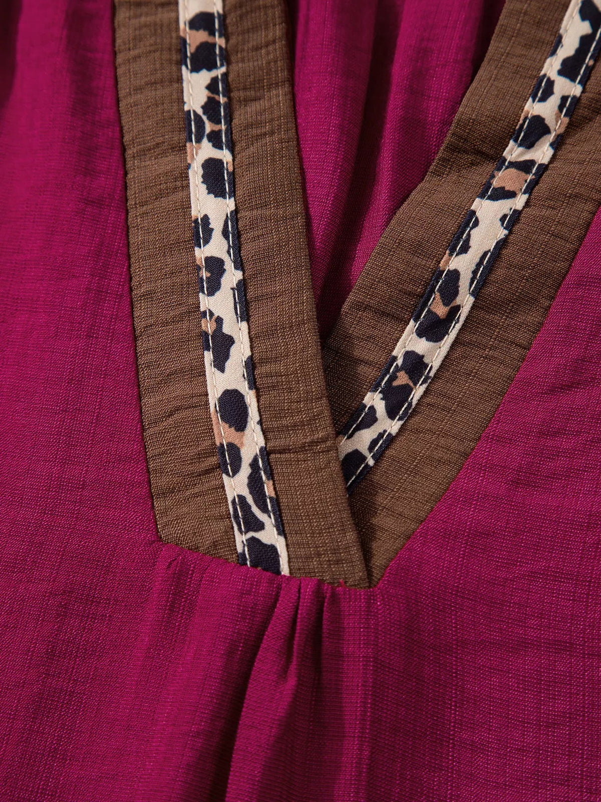 Leopard Trim V Neck Flounced Bracelet Sleeve Blouse