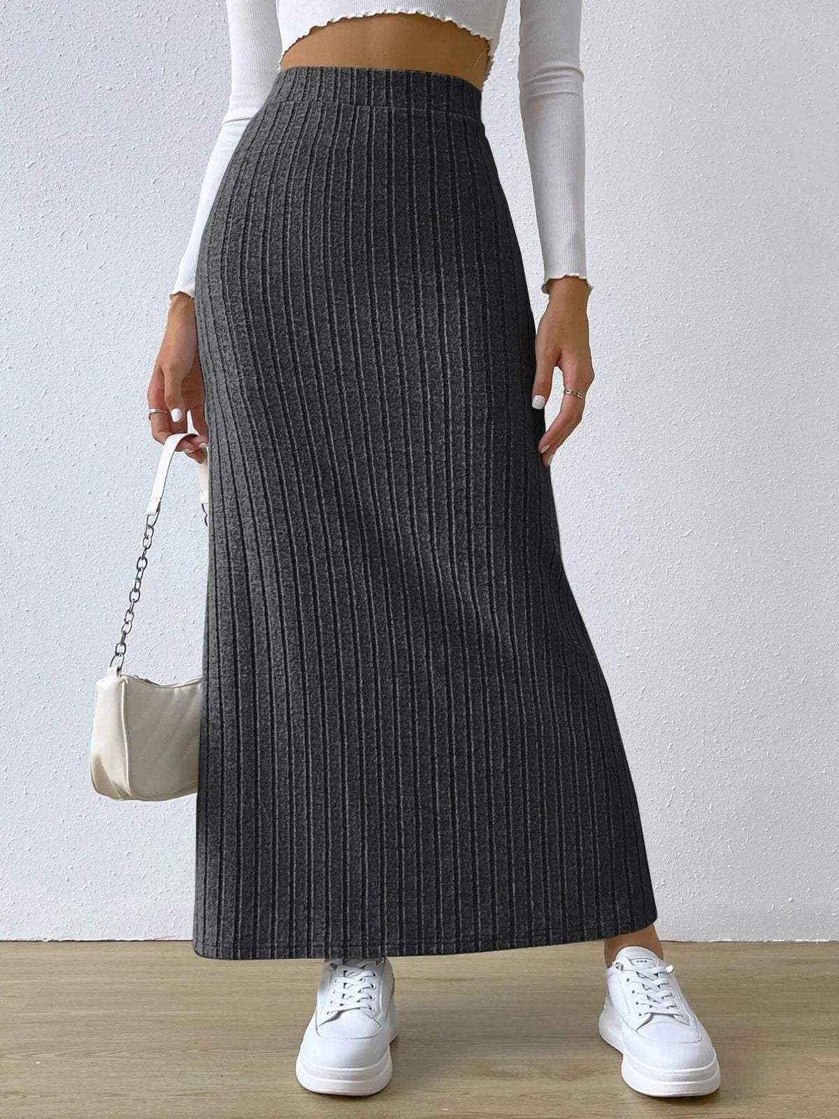 High Waist Ribbed Knit Maxi Skirt