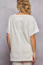POL Ribbed Knit V-Neck Short Sleeve T-Shirt with Side Slit