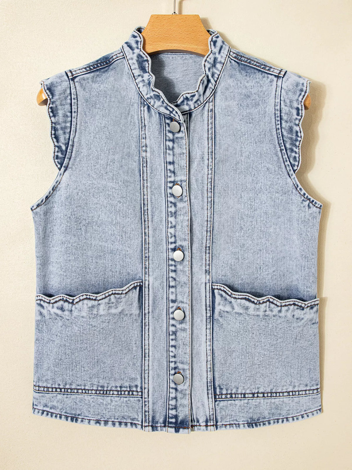 Scalloped Trim Patch Pocket Button Front Denim Vest