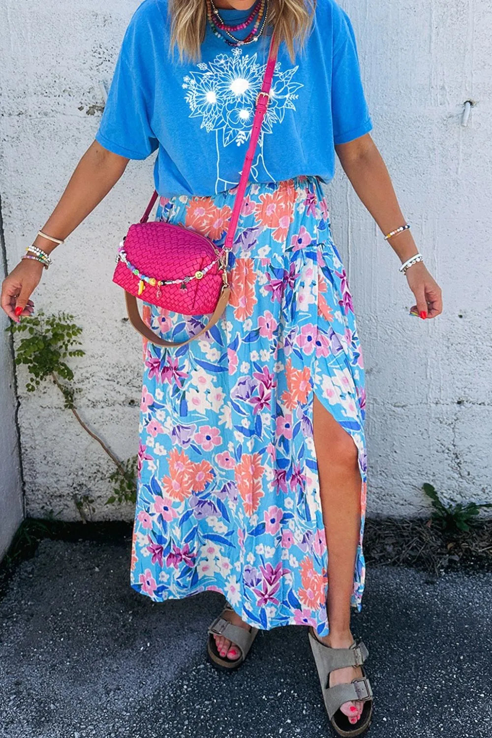 Floral Printed High Waist Split Skirt